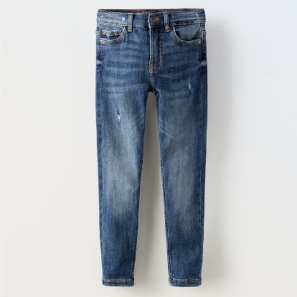 Zara Kids Jeans Mid Rise Skinny Jeans Distressed Dark Wash SZ 4/5 Girls NEW! - Picture 1 of 13